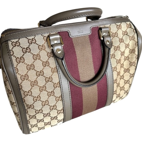 Gucci GG Supreme Canvas Web Stripe Boston Bag Brown Burgundy Crossbody - Picture 3 of 14